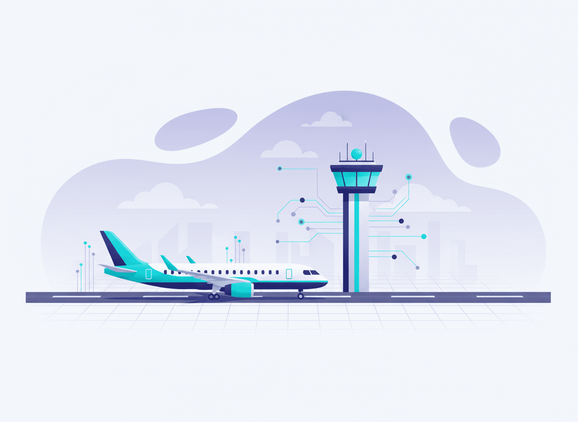 Aviation software development illustration — airplane at airport with control tower and digital technology elements